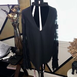 Fashion Nova Black V-Neck Fringe Sleeve Bodysuit